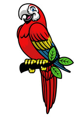 happy scarlett macaw mascot logo