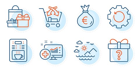 Shopping, Coffee maker and Sea mountains signs. Recovery gear, Money bag and Medical analytics line icons set. Cross sell, Secret gift symbols. Backup info, Euro currency. Business set. Vector