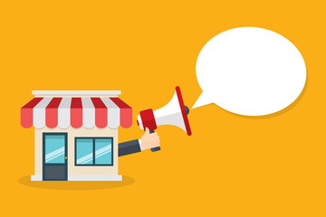 Hand Holding Megaphone And Small Business Storefront. Retail Flat Design Icon. Vector Illustration.