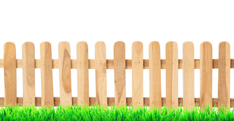 Wooden fence with green grass isolated on white background with clipping path, for decoration graphic design exterior.