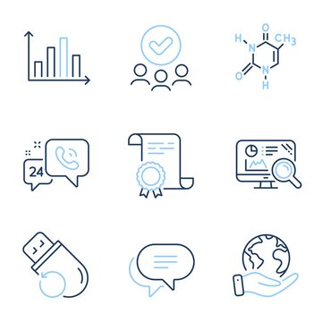 Flash memory, 24h service and Text message line icons set. Diploma certificate, save planet, group of people. Seo analytics, Diagram graph and Chemical formula signs. Vector
