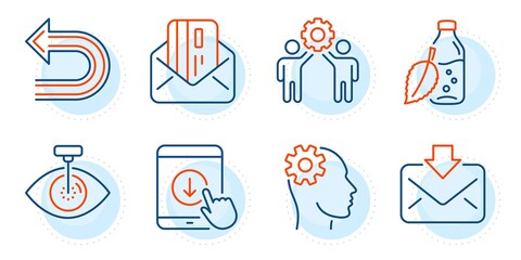 Incoming mail, Scroll down and Undo signs. Credit card, Employees teamwork and Eye laser line icons set. Engineering, Water bottle symbols. Mail, Collaboration. Business set. Outline icons set. Vector