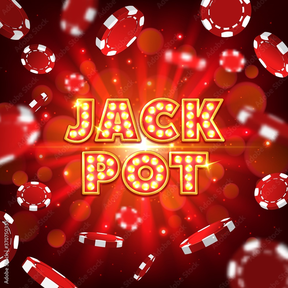 Wall mural Jack pot casino vector poster with falling poker chips on red blurred background with rays. Big win casino gambling games. Realistic 3d playing chips and sparkling typography, internet bets jack pot