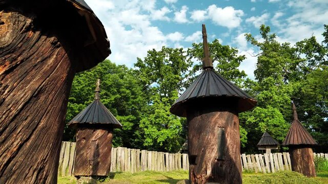Old wooden beehives in the yard