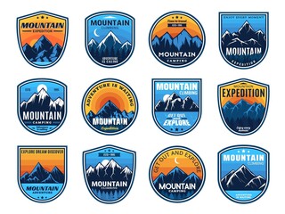Mountain climbing, camping travel icons, tourism sport and outdoor travel, vector. Mountain camping and hiking club expedition shield badges, camp tourism and mountaineering extreme adventure