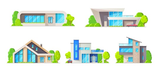 House building isolated icons, vector real estate cottage homes. Modern bungalow, villa and mansion exteriors with front doors, windows, roofs, garage, trees and cars, residential architecture design