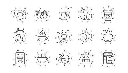 Beans, hot cocktail and coffee maker machine. Coffee line icons. Espresso cup, cappuccino with whipped cream line icons. Latte vending machine and roasted beans. Linear set. Geometric elements. Vector