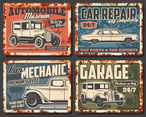 Old cars and vehicles rusty metal plate vector. Antique sedan and coach, classic limousine. Retro automobiles museum exhibition, car repair and restoration service, garage station or mechanic banner