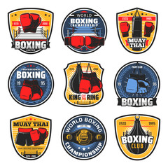 Boxing Muay Thai icons, kickboxing fighter arts vector badges. Thailand mma wrestling sport and muay thay boxers club, championship belt, boxing equipment, gloves and punching bag at ring