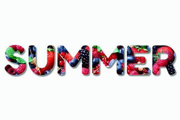 Inscription Summer made with colorful berries background. Assortment of strawberry, blueberry, raspberry, blackberry, currant, mint. Summer food. Vegan, vegetarian and clean eating concept