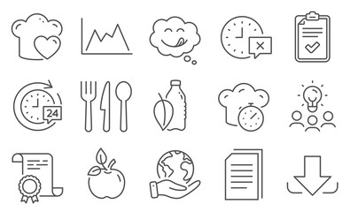 Set of Business icons, such as Yummy smile, Diagram. Diploma, ideas, save planet. Water bottle, Eco food, Checklist. Time, Download, Food. Copy files, 24h delivery, Love cooking. Vector