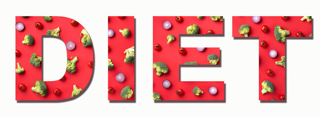 Inscription Diet made with creative layout of green broccoli, tomatoes, onion on red paper background. Text for your design. Food pattern in minimal style. Banner