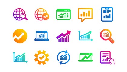 Reports, Charts and Graphs. Analytics icons. Data statistics classic icon set. Gradient patterns. Quality signs set. Vector