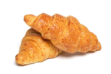 Fresh french croissants with chocolate isolated on white background Continental morning breakfast Top view Flat lay
