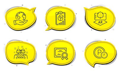 Gift sign. Diploma certificate, save planet chat bubbles. Report, Augmented reality and Parking time line icons set. Presentation chart, Phone simulation, Park clock. Present. Vector