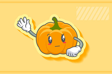 REALLY, ATTENTIVE, Curios Face Emotion. Waving Hand Gesture. Yellow, Orange Pumpkin Fruit Cartoon Drawing Mascot Illustration.