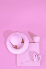 Minimal aesthetic still life monochrome design. Pastel pink colours trends.  Roses flowers and geometry