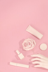 Minimal aesthetic still life monochrome design. Pink colours trends.  Hand care concept