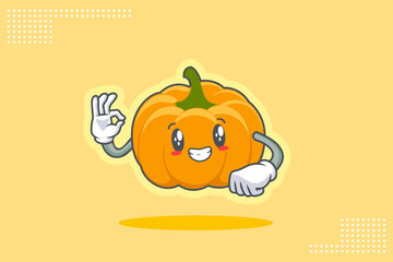 SMILING, HAPPY, GRIN SMILE Face Emotion. Nice Hand Gesture. Yellow, Orange Pumpkin Fruit Cartoon Drawing Mascot Illustration.