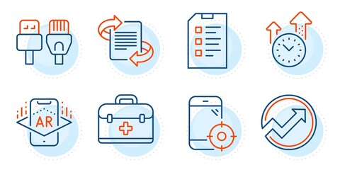 Augmented reality, Time management and Marketing signs. Audit, First aid and Checklist line icons set. Seo phone, Computer cables symbols. Arrow graph, Medicine case. Science set. Vector