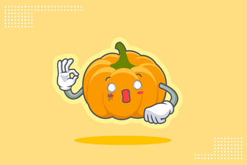 SPACED OUT, SURPRISED, SHOCKED Face Emotion. Nice Hand Gesture. Yellow, Orange Pumpkin Fruit Cartoon Drawing Mascot Illustration.