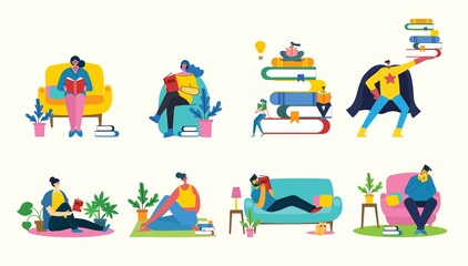 Vector concept illustrations of World Book Day, Reading the books and Book festival in the flat style. People sit, stand and walk and read a book