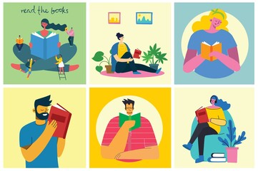 Vector concept illustrations of World Book Day, Reading the books and Book festival in the flat style. People sit, stand and walk and read a book
