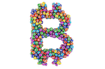 Bitcoin sign from colored lottery balls. 3D rendering