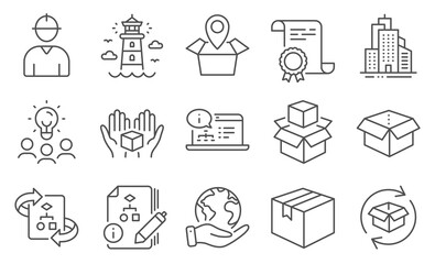 Fototapeta na wymiar Set of Industrial icons, such as Hold box, Packing boxes. Diploma, ideas, save planet. Lighthouse, Parcel, Technical algorithm. Open box, Online documentation, Skyscraper buildings. Vector