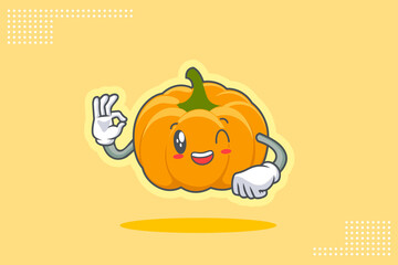 GRINNING WINK, HAPPY, cheerful Face Emotion. Nice Hand Gesture. Yellow, Orange Pumpkin Fruit Cartoon Drawing Mascot Illustration.