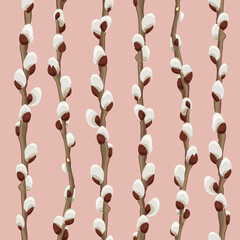 Vector Seamless Pattern Pussy Willow on pink