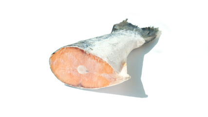 Obraz na płótnie Canvas frozen raw fishtail of atlantic salmon isolated on white background. The concept of healthy eating. Healthy fast food