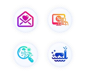 Love letter, Search flight and Online shopping icons simple set. Button with halftone dots. Scuba diving sign. Heart, Airplane trip, Black friday. Trip swimming. Holidays set. Vector