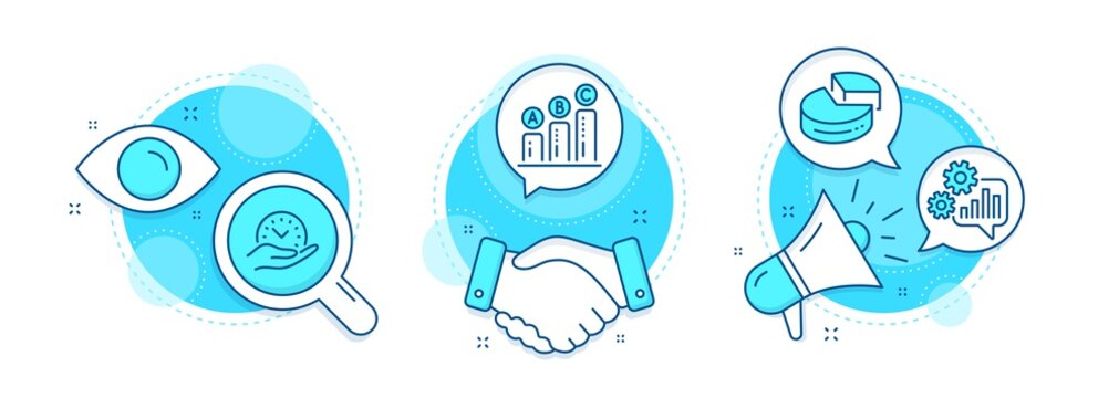 Cogwheel, Pie chart and Graph chart line icons set. Handshake deal, research and promotion complex icons. Safe time sign. Engineering tool, 3d graph, Growth report. Management. Science set. Vector