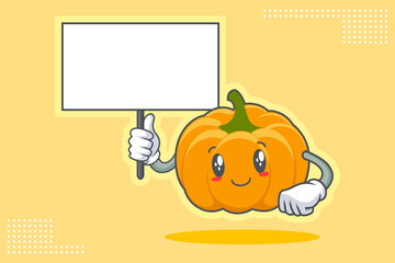 SLIGHTLY SMILE FACE, SLIGHTLY, SMILING, SMILE Face Emotion. Holding Whiteboard Hand Gesture. Yellow, Orange Pumpkin Fruit Cartoon Drawing Mascot Illustration.