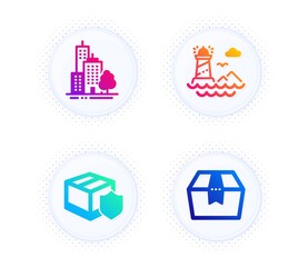 Lighthouse, Delivery insurance and Skyscraper buildings icons simple set. Button with halftone dots. Package box sign. Navigation beacon, Parcel protection, Town architecture. Delivery goods. Vector