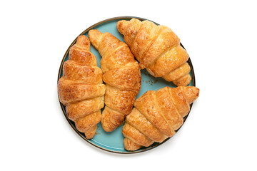 Fresh french croissants with chocolate on blue plate isolated on white background Continental morning breakfast Top view Flat lay
