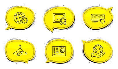 Motherboard sign. Diploma certificate, save planet chat bubbles. Time zone, Computer keyboard and Slow fashion line icons set. World clock, Pc device, Eco tested. Computer component. Vector