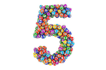 Number 5, from colored lottery balls, 3D rendering