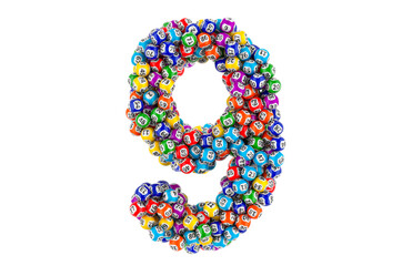 Number 9, from colored lottery balls, 3D rendering