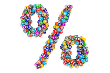 Percent symbol from colored lottery balls. 3D rendering