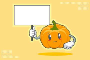 REALLY, ATTENTIVE, CURIOS Face Emotion. Holding Whiteboard Hand Gesture. Yellow, Orange Pumpkin Fruit Cartoon Drawing Mascot Illustration.