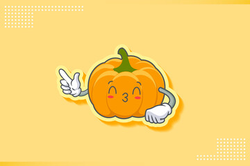 KISS, FLIRTY, SMILING EYE Face Emotion. Finger Gun Hand Gesture. Yellow, Orange Pumpkin Fruit Cartoon Drawing Mascot Illustration.