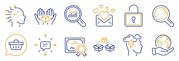 Set of Technology icons, such as Shopping cart, Mindfulness stress. Certificate, save planet. Hold box, Love mail, Artificial intelligence. Research, Parcel shipping, Lock. Vector
