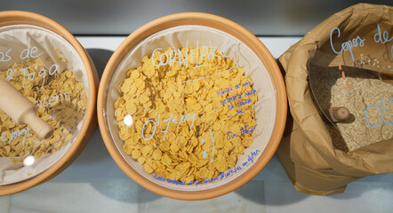 Cornflakes sold in bulk on an eco supermarket.