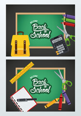 back to school poster with chalkboards and supplies