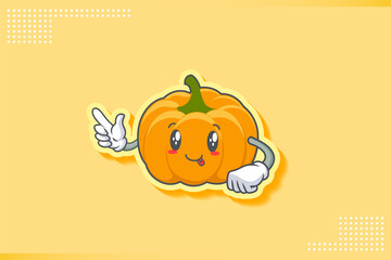 DUMB, FUNNY, TONGUE, CHEERFUL Face Emotion. Finger Gun Hand Gesture. Yellow, Orange Pumpkin Fruit Cartoon Drawing Mascot Illustration.