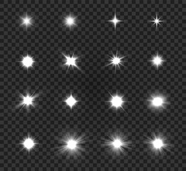 Set of bright beautiful stars on a transparent background vector illustration.