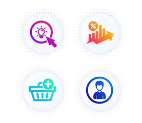 Loan percent, Energy and Add purchase icons simple set. Button with halftone dots. Person sign. Growth chart, Turn on the light, Shopping order. Edit profile. Business set. Vector