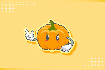 REALLY, ATTENTIVE, CURIOS Face Emotion. Finger Gun Hand Gesture. Yellow, Orange Pumpkin Fruit Cartoon Drawing Mascot Illustration.